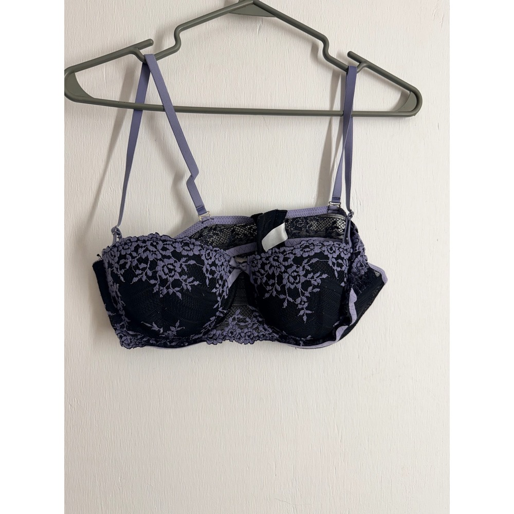 Black and Lavender Purple Floral Lace Balconette Underwire Bra Size 90C